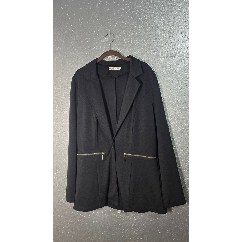 Genhoo Women Black Open Front Knit Blazer Gold Zipper Accent XL